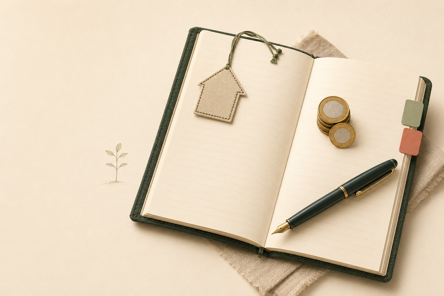 Caderno aberto com uma pequena casa, moedas e uma caneta