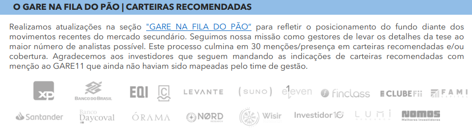 GARE11 em carteiras recomendadas e coberturas de casas de análise